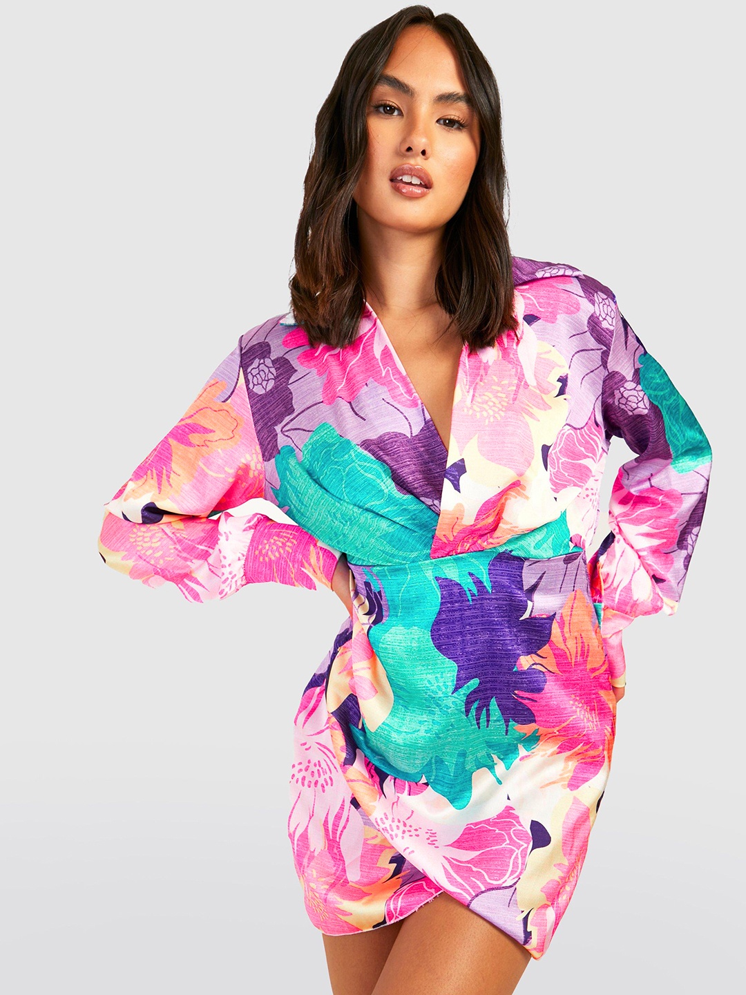 

Boohoo Floral Printed Satin Wrap Dress, Pink