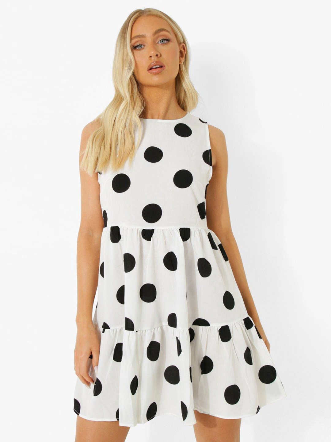 

Boohoo Polka Dots Printed Fit & Flare Dress, White
