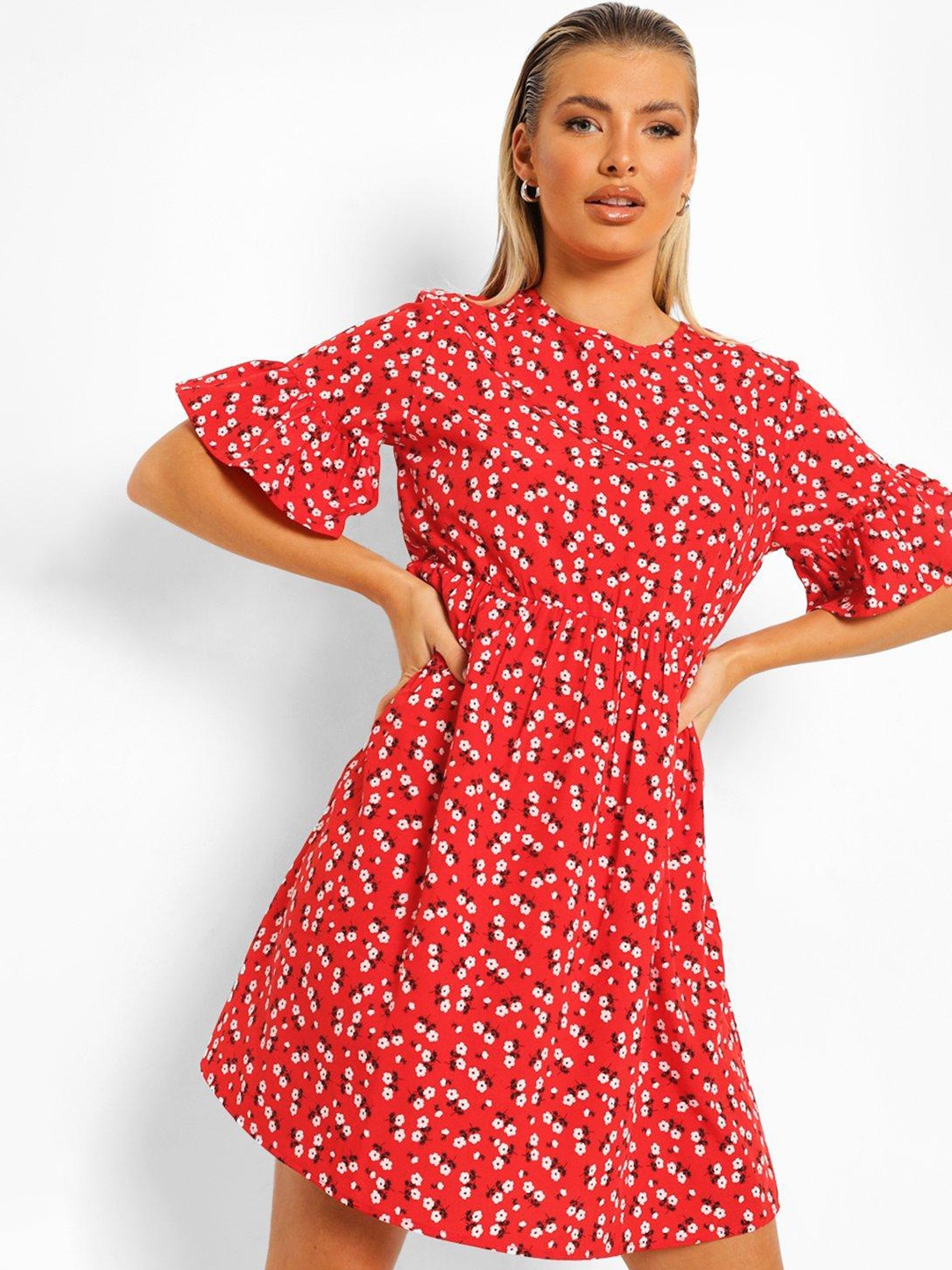 

Boohoo Floral Printed Flared Sleeves Fit & Flare Dress, Red