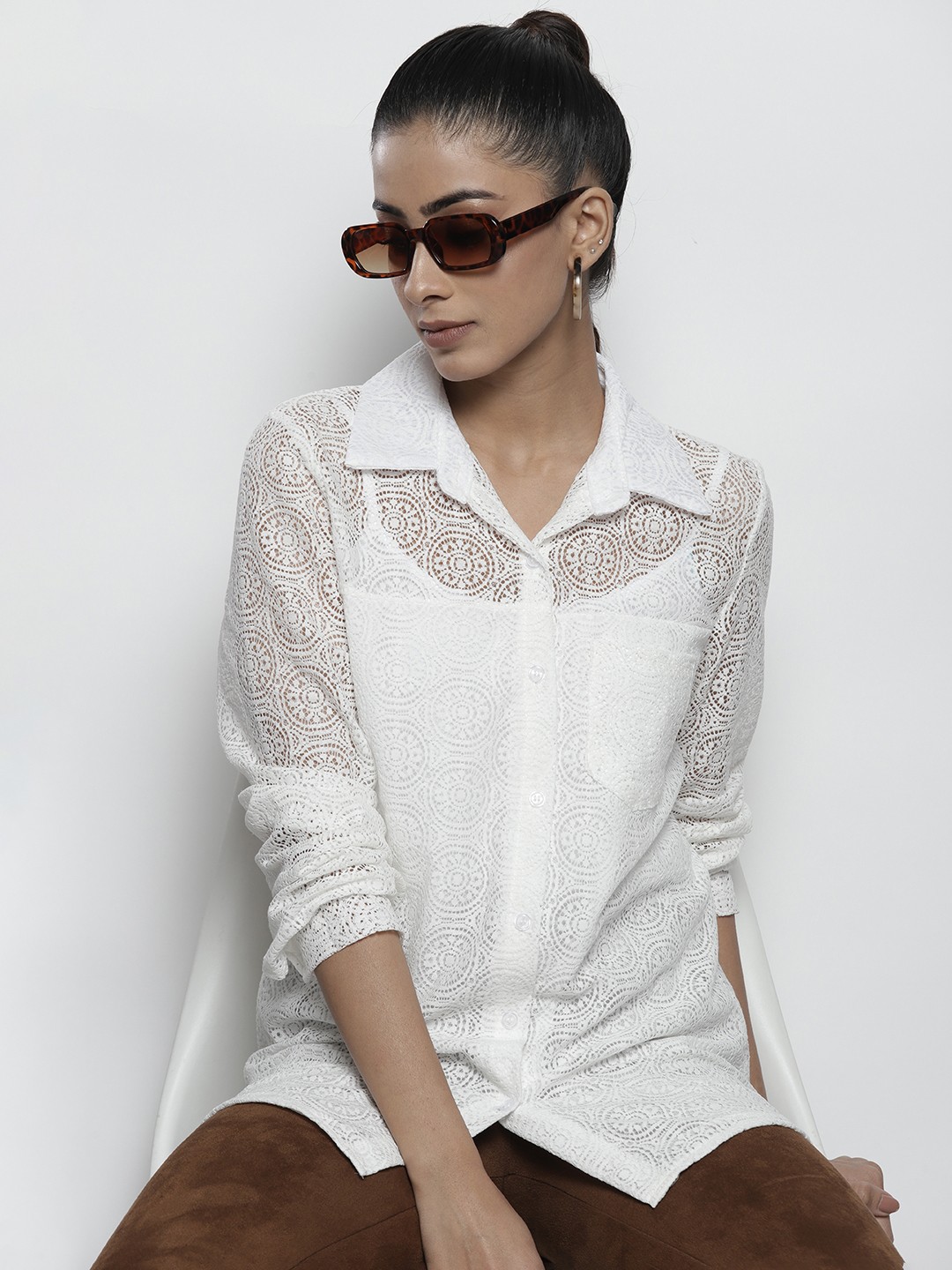 

Boohoo Women Lace Detail Floral Semi Sheer Relaxed Fit Shirt, White