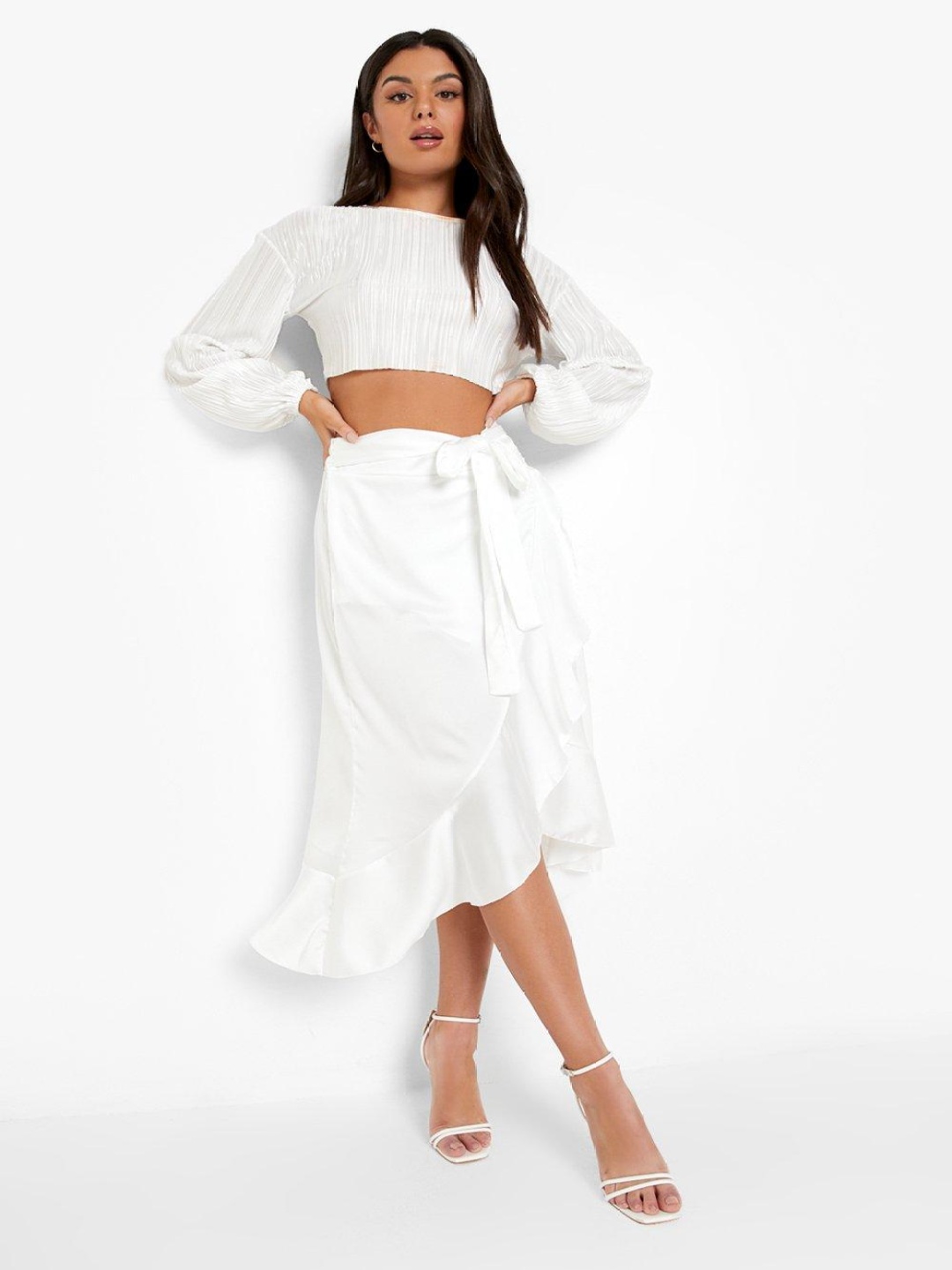 

Boohoo Satin Wrap Midi Skirt, White