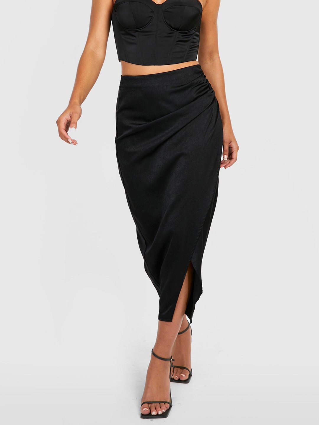 

Boohoo Ruched Wrap Midi Skirt With Side Slit, Black