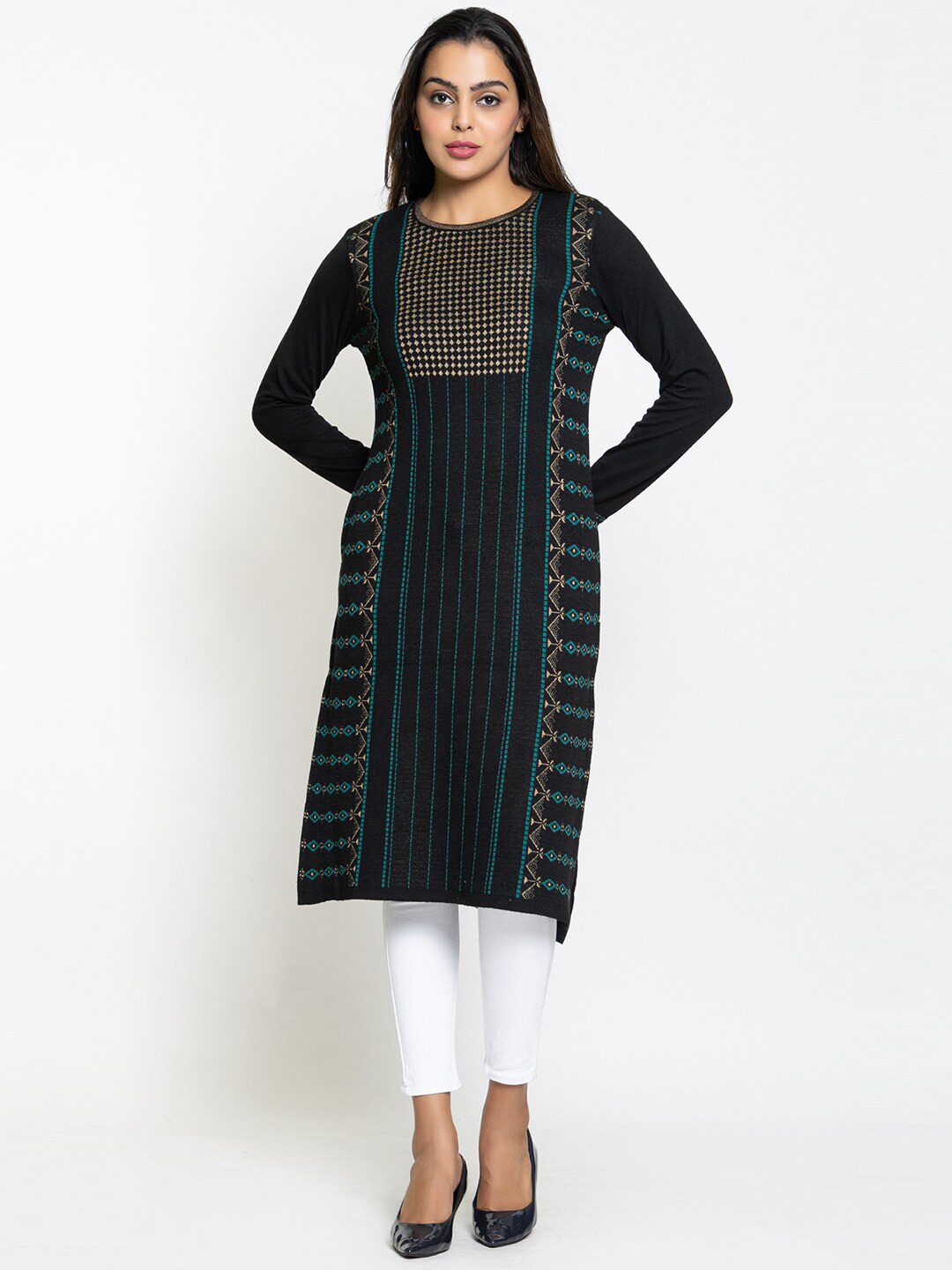 

KEIKO Round Neck Jacquard A-Line Acrylic Kurta, Black