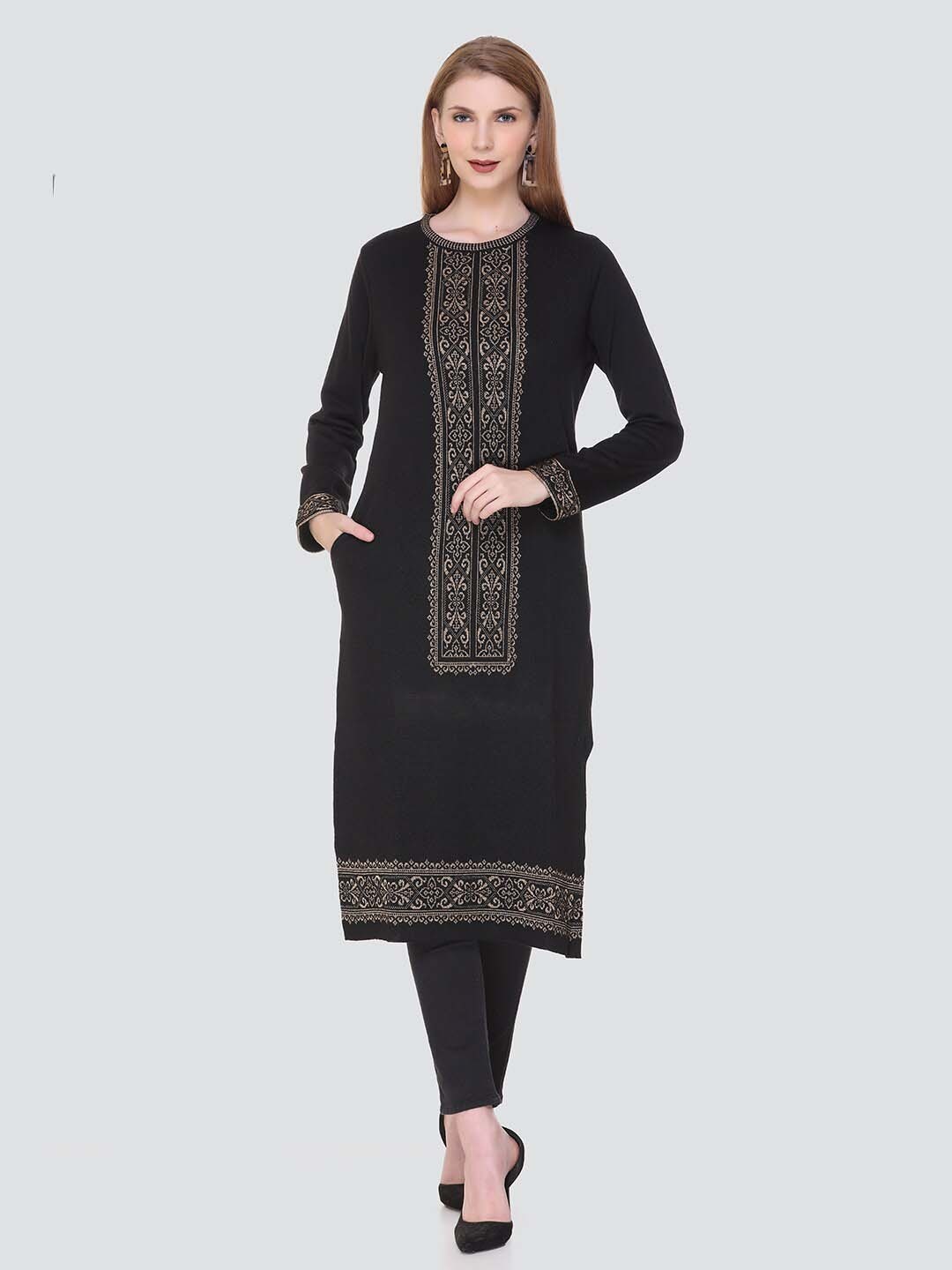 

KEIKO Ethnic Motifs Printed A-Line Kurta, Black