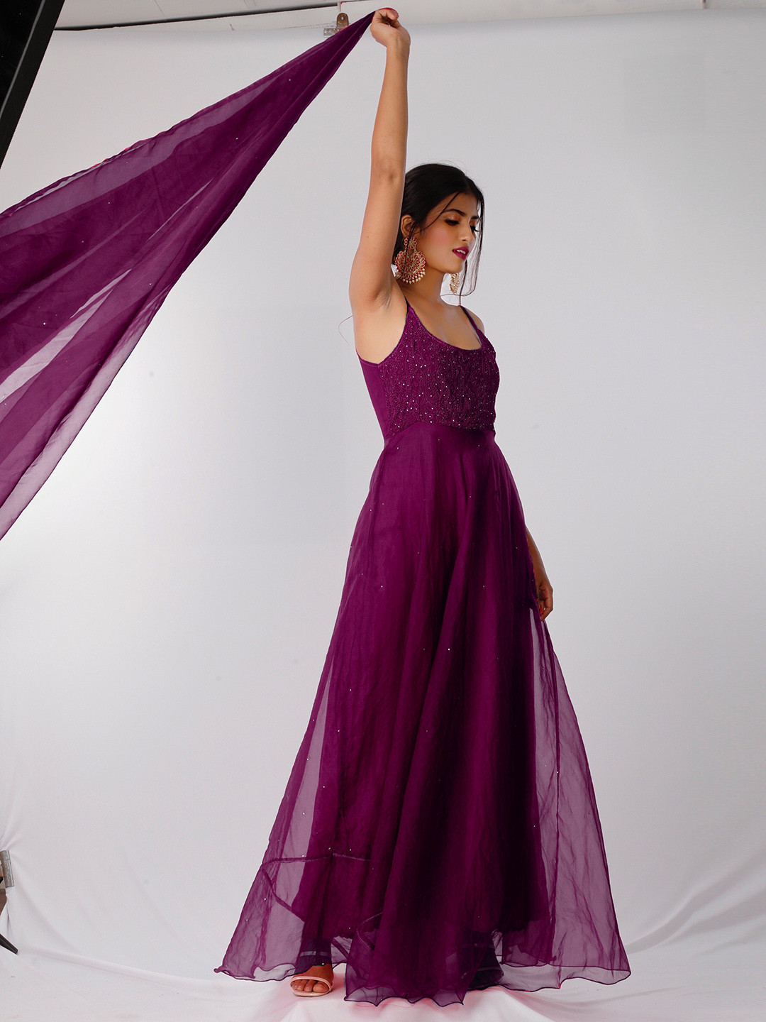 

LABEL AISHWARYRIKA Women Purple Embroidered Silk Georgette Kurta with Trousers & With Dupatta