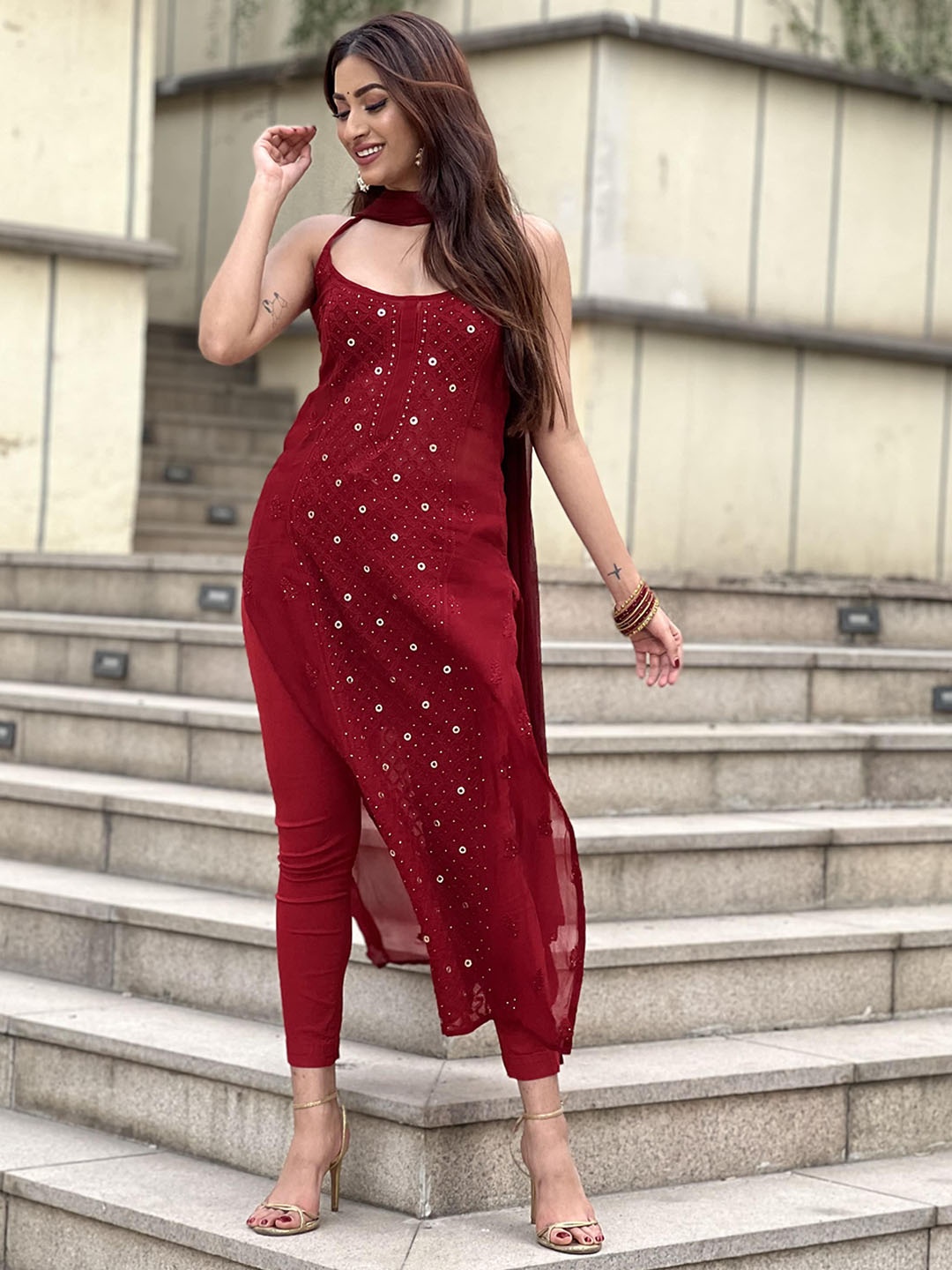 

LABEL AISHWARYRIKA Silk Georgette Kurta with Trousers & With Dupatta, Red