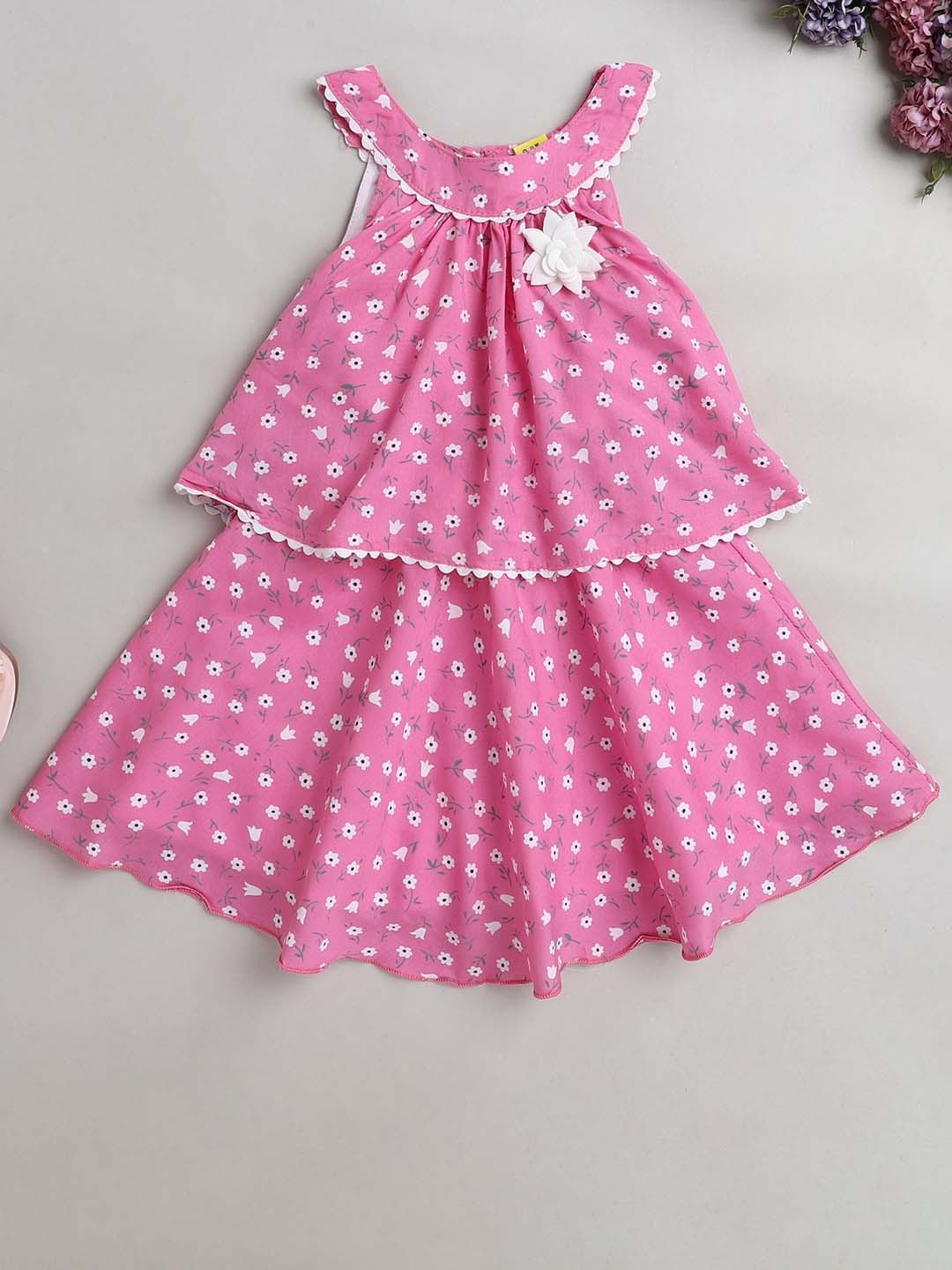 

The Magic Wand Girls Floral Printed Layered A-Line Dress, Pink