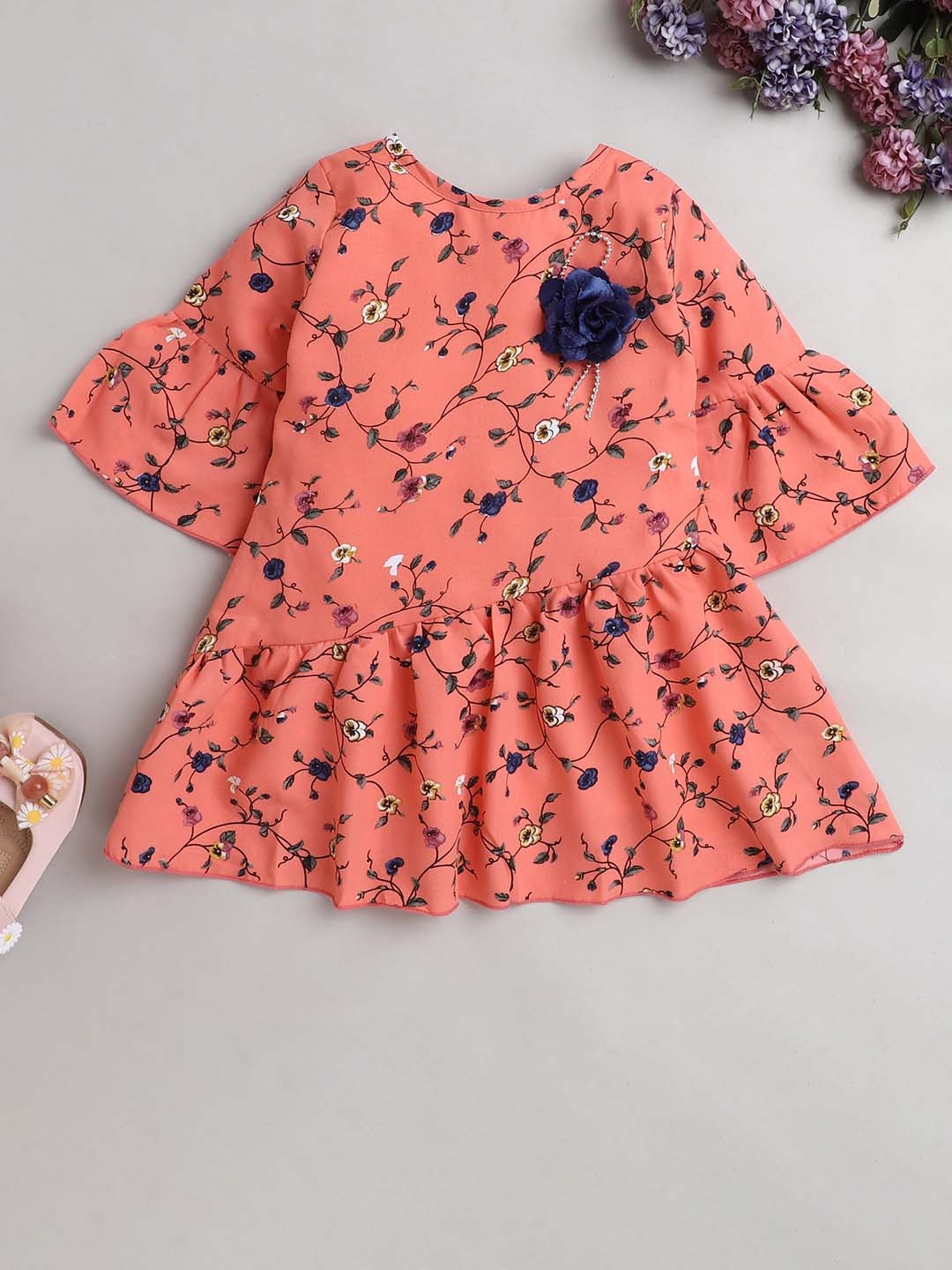 

The Magic Wand Girls Floral Printed A-Line Dress, Peach