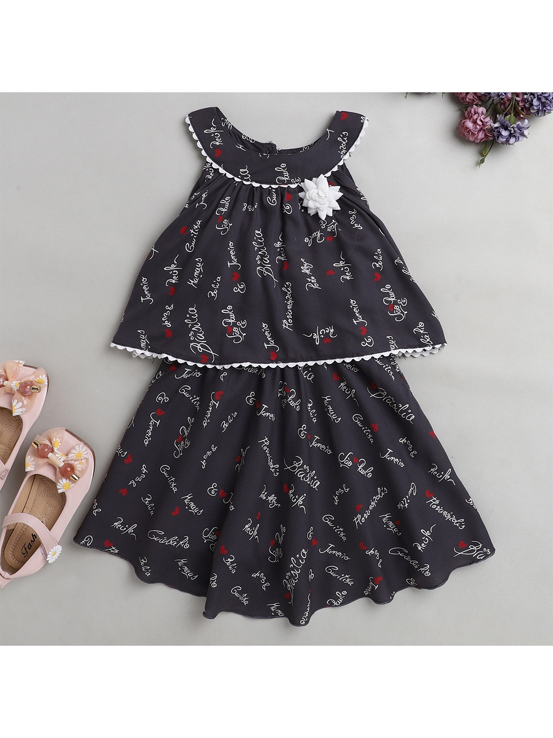 

The Magic Wand Girls Printed Layered A-Line Dress, Grey