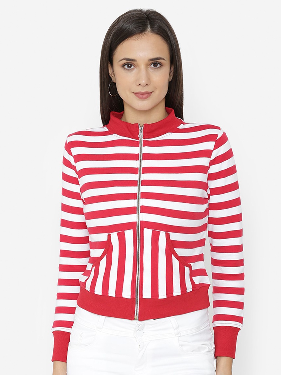

Yaadleen Women Striped Cotton Sweatshirt, Red