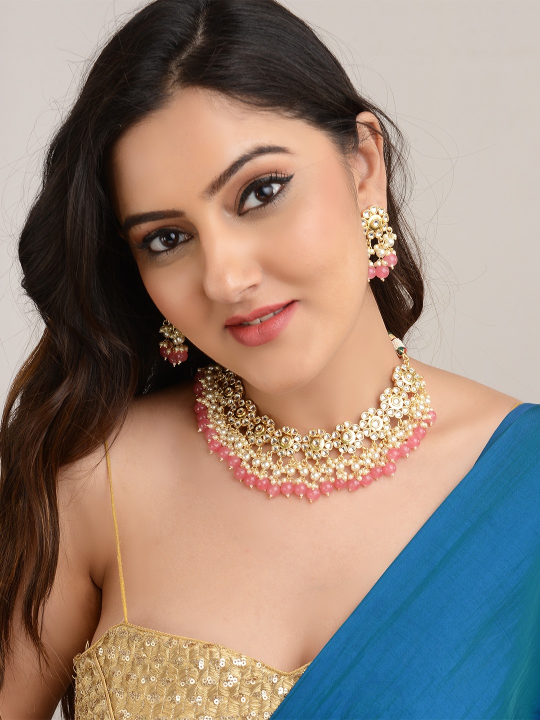 

LAIDA 24K Rose Gold-Plated Kundan Studded & Beaded Jewellery Set