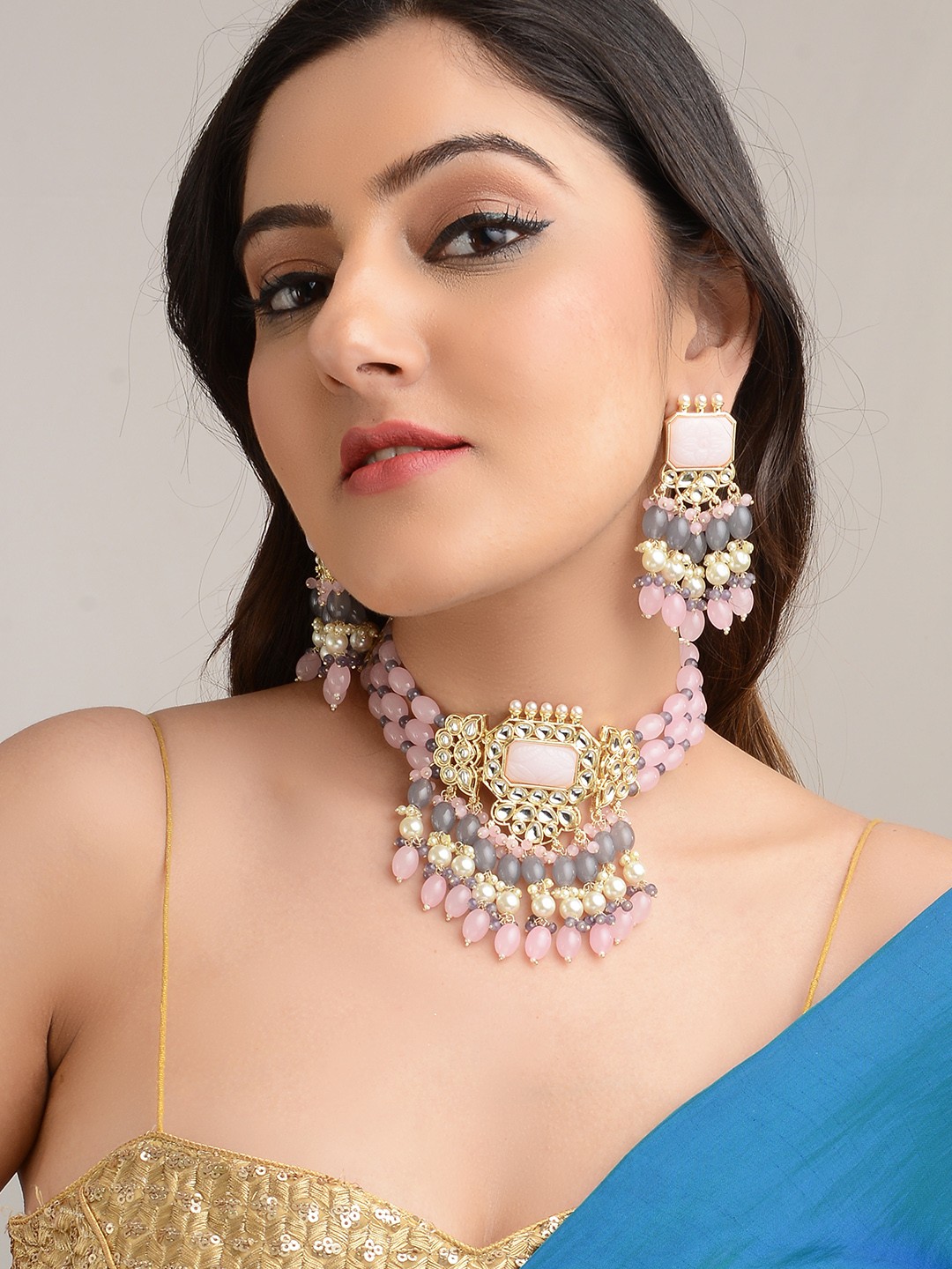 

LAIDA Gold Plated Pearl Beaded Choker Necklace Set, Pink