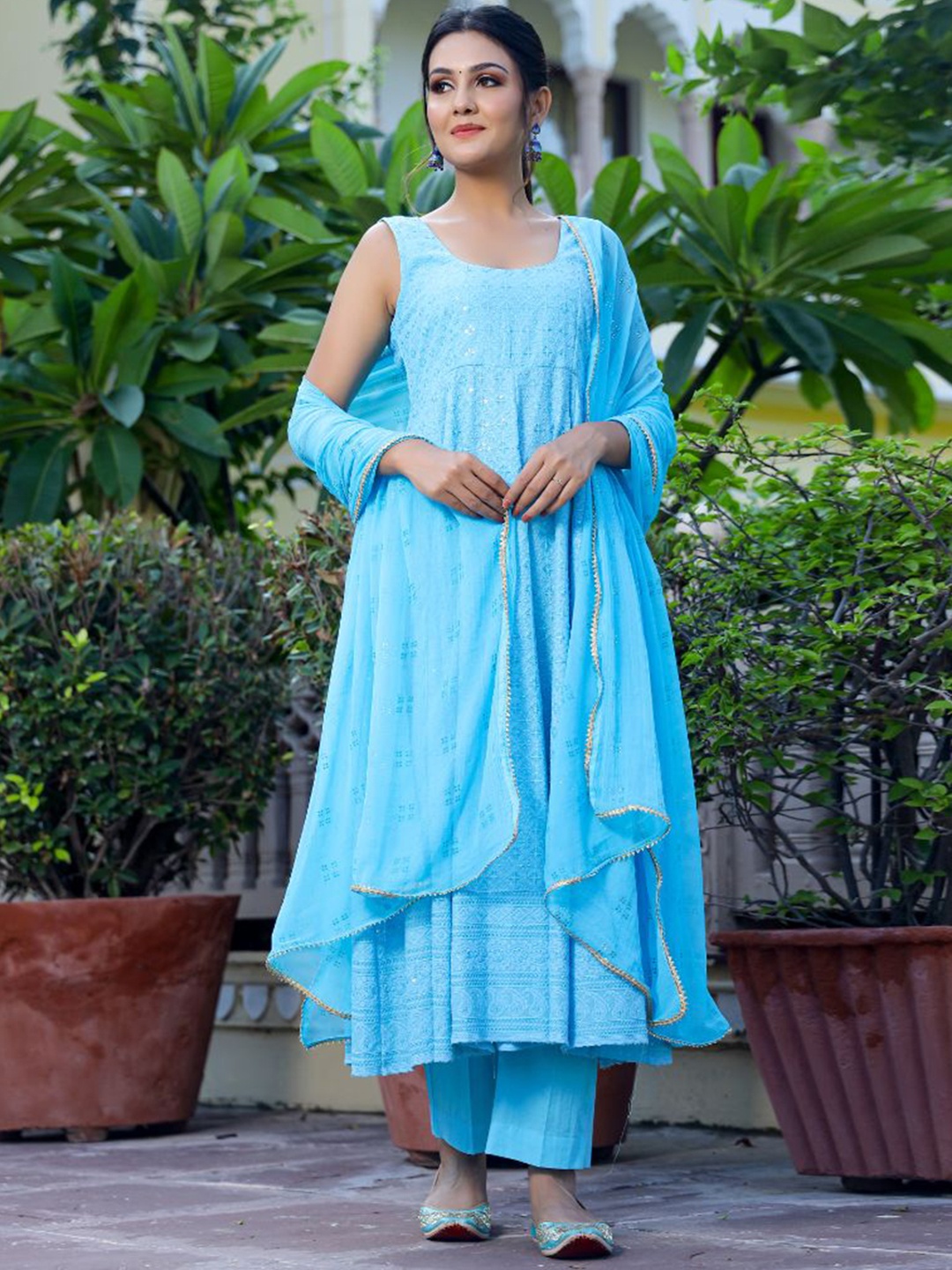 

Baisacrafts Women Ethnic Motifs Embroidered Empire Pure Cotton Kurta & Dupatta, Turquoise blue