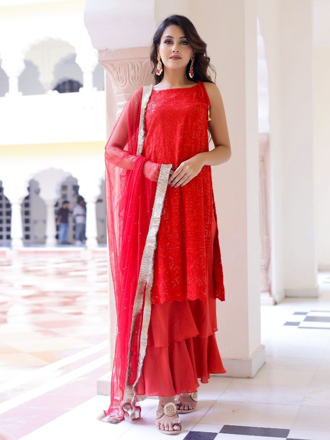 

Baisacrafts Women Red Ethnic Motifs Pure Cotton Kurta with Sharara & Dupatta