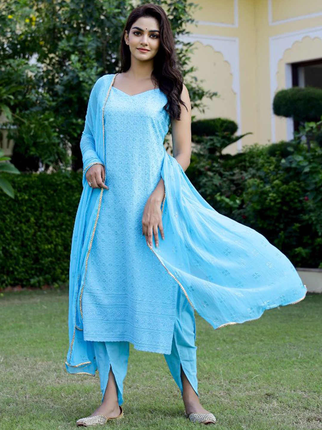 

Baisacrafts Women Floral Embroidered Pure Cotton Kurta with Dhoti Pants & Dupatta, Turquoise blue