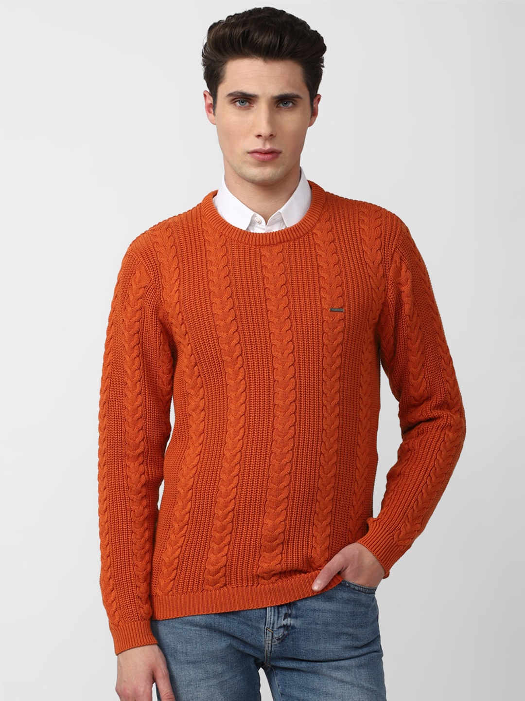 

V Dot Men Cable Knit Cotton Pullover, Orange