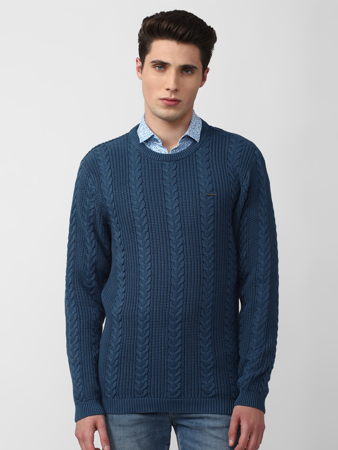 

V Dot Men Cable Knit Cotton Pullover, Blue