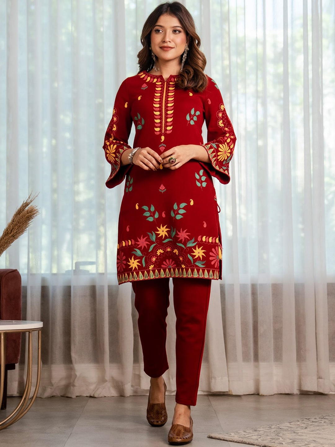 

Rustorange Women Ethnic Printed Bell Sleeves Kurta, Maroon
