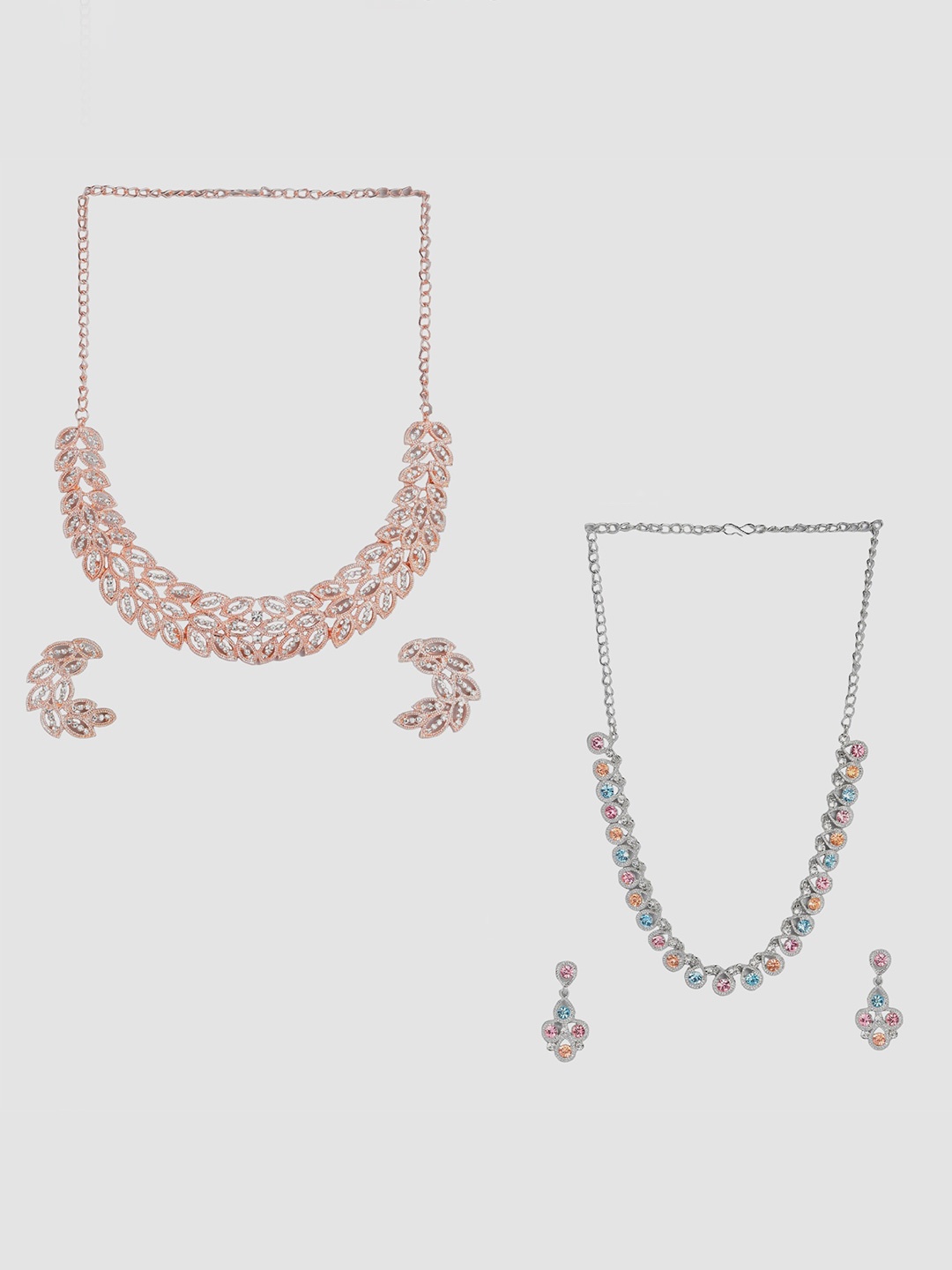 

Kord Store Set Of 2 Rose-Gold Plated & Silver-Plated AD Studded Necklace & Earrings Set