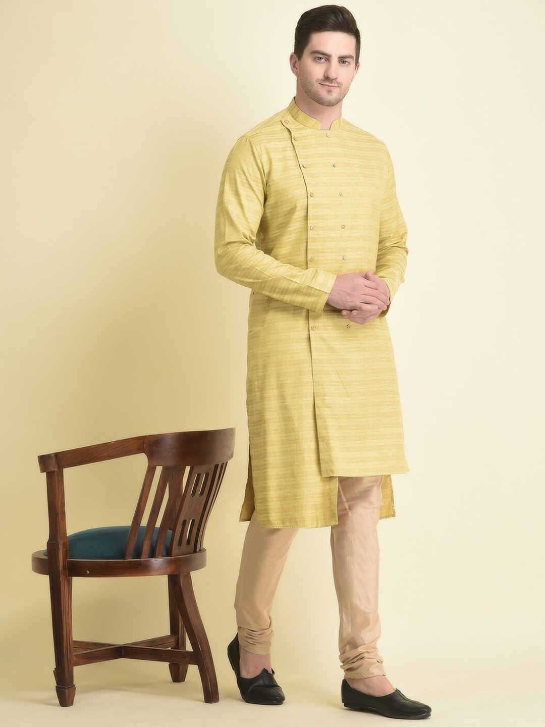 

TABARD Men Striped Pure Cotton Kurta With Churidar Pant, Yellow