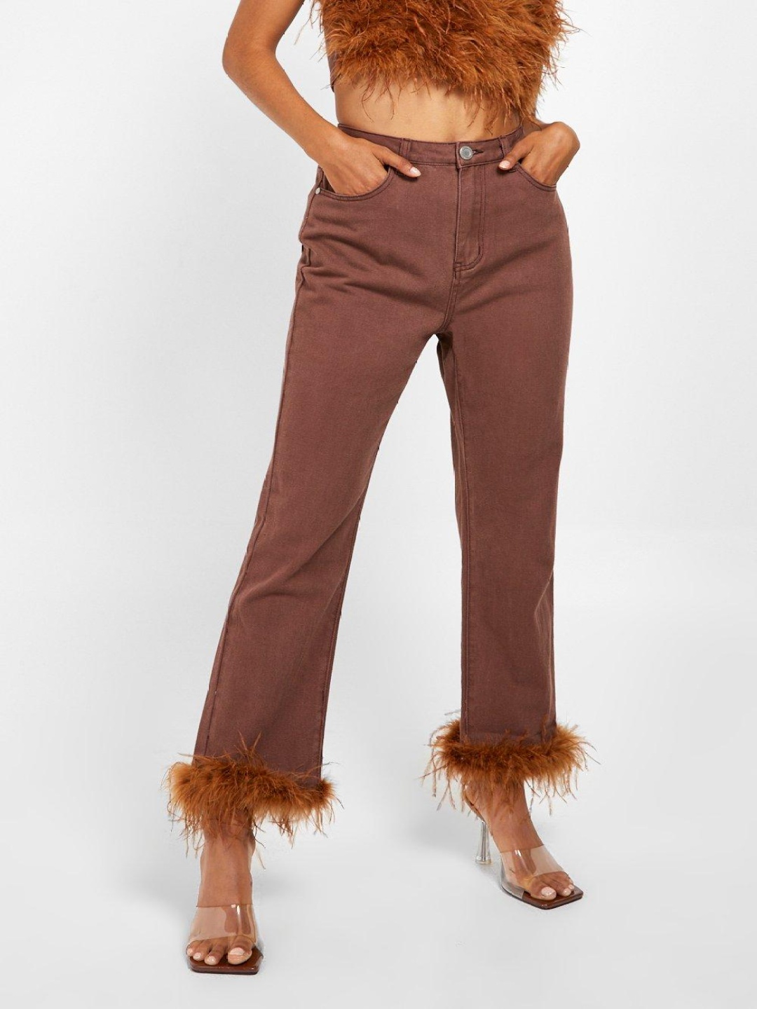 

Boohoo Women Feather Trim High Waisted Straight Leg Jeans, Brown