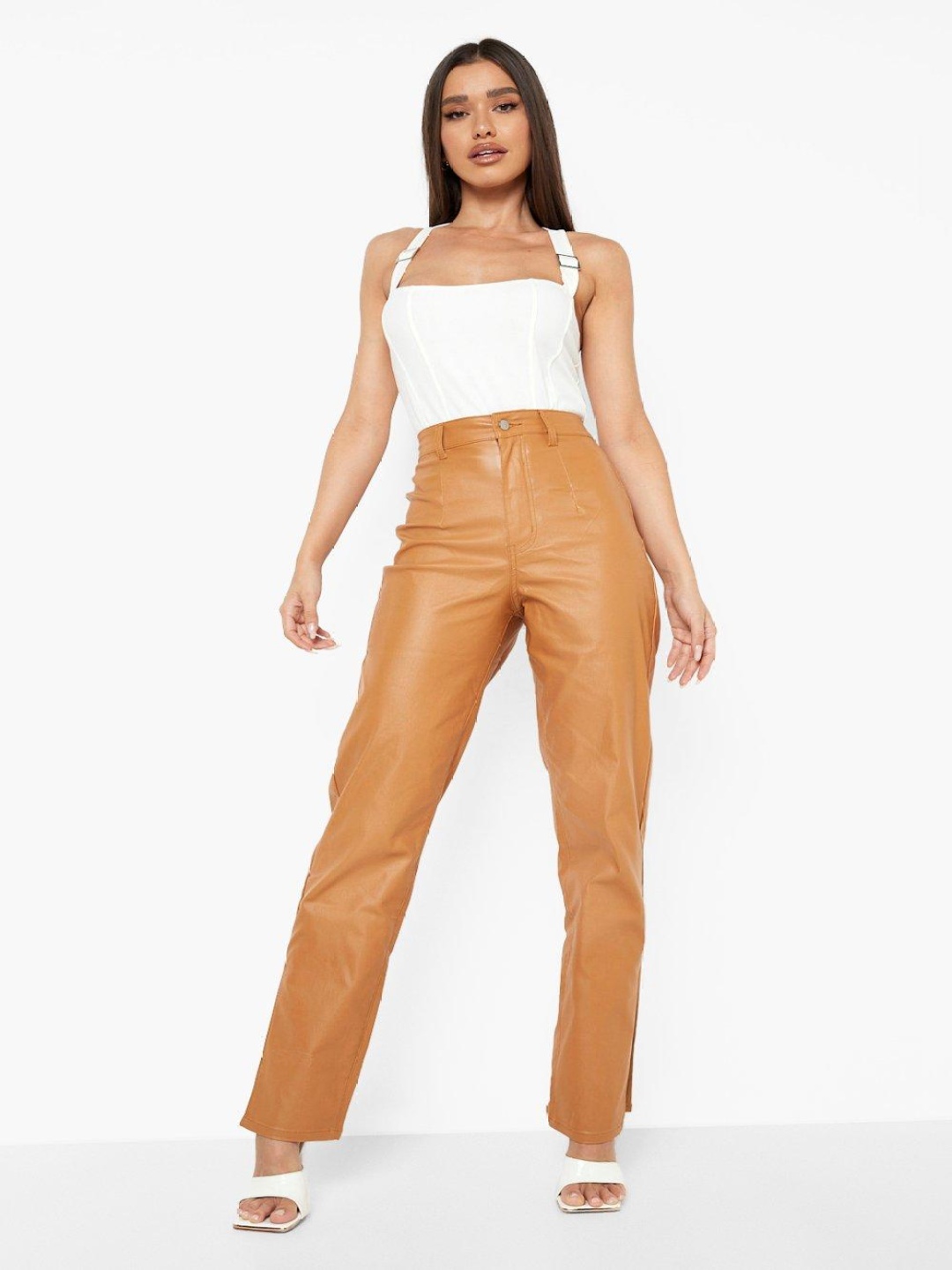 

Boohoo Women Faux Leather Straight Leg Jeans, Mustard