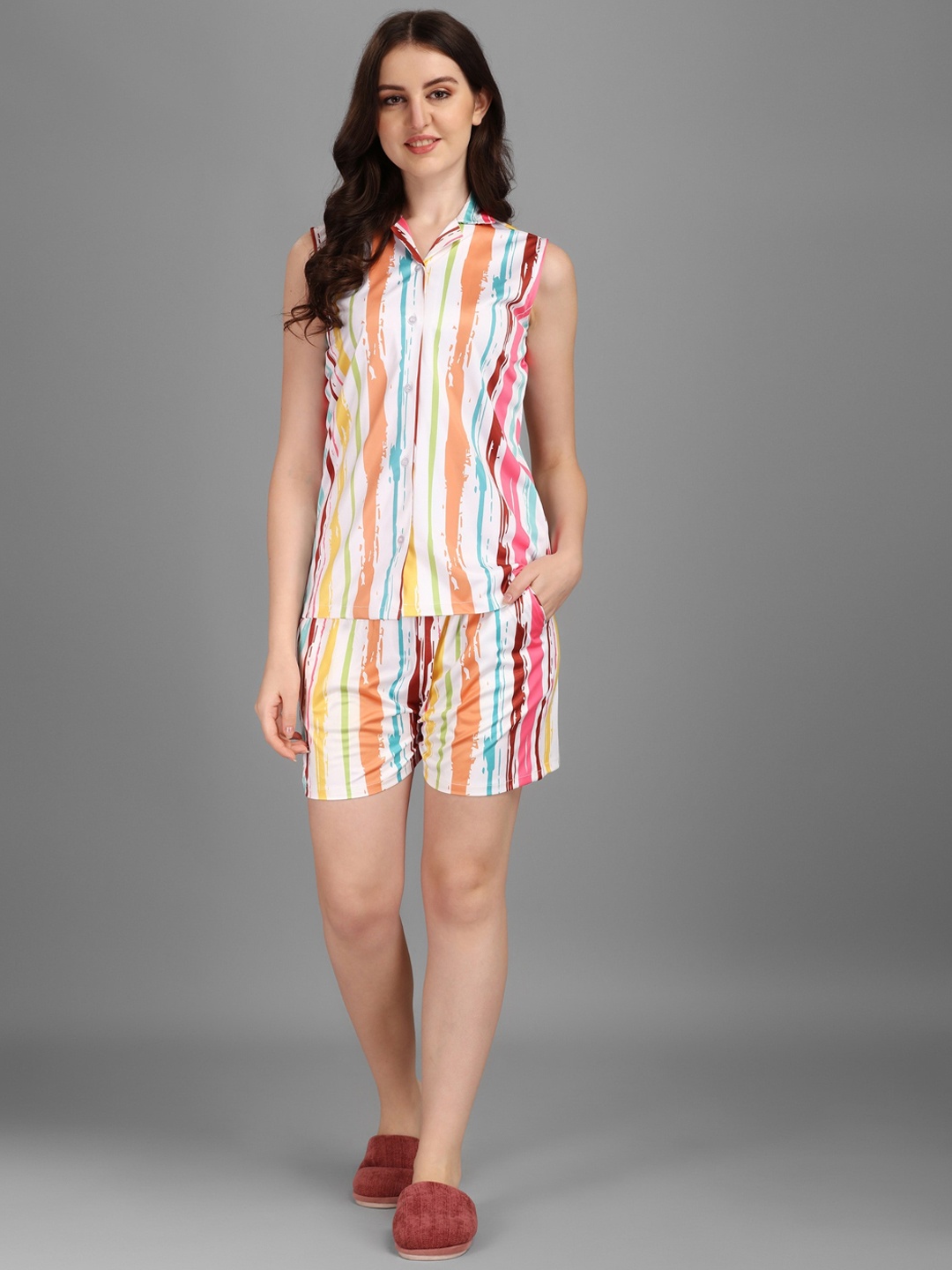 Kinjo Women Striped Night suit, White