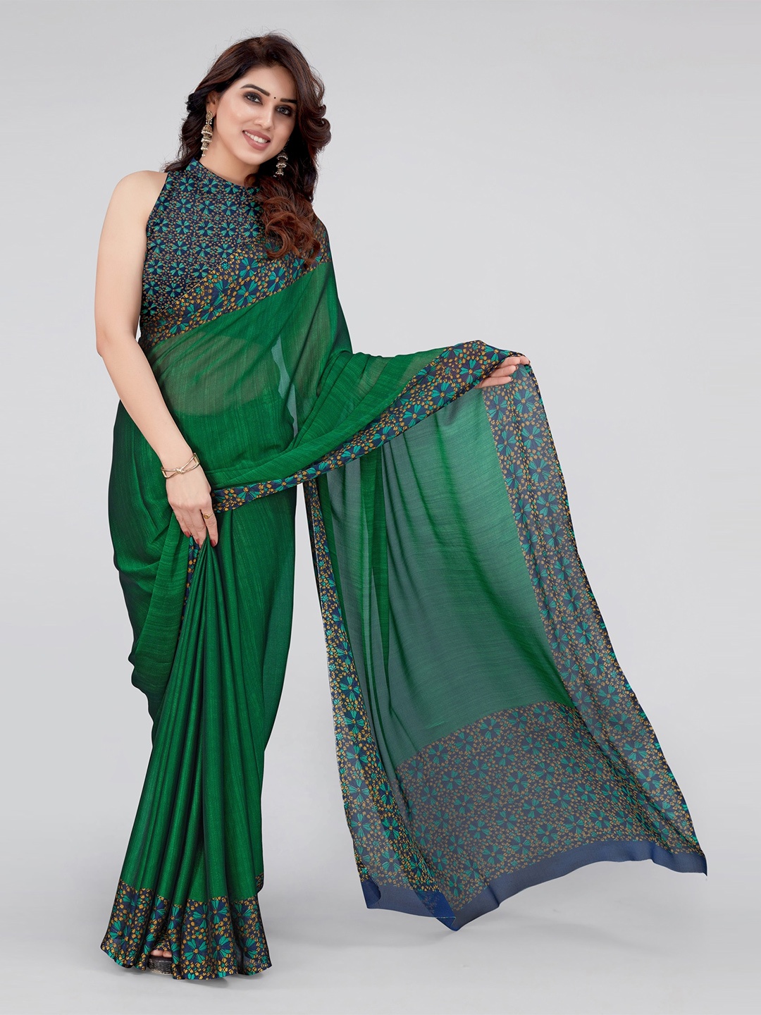 

KALINI Printed Border Saree, Green