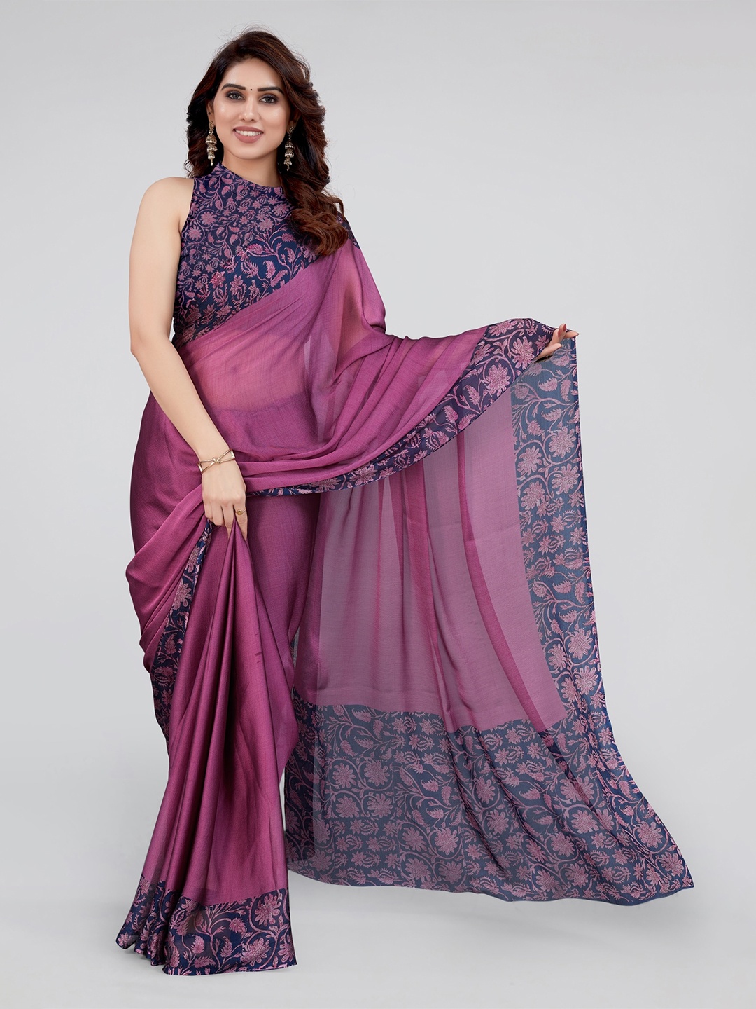 

KALINI Printed Border Saree, Purple