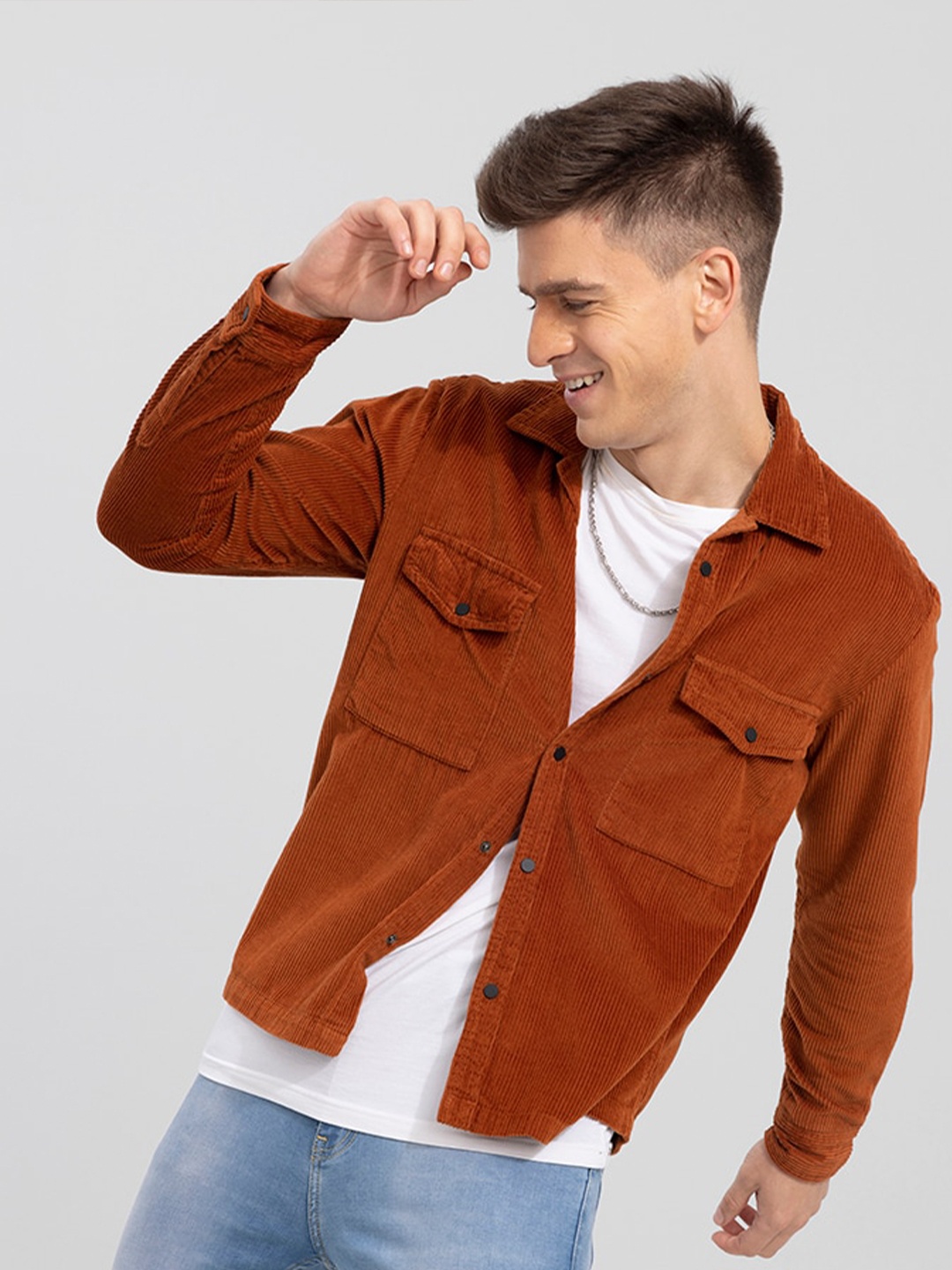 

Snitch Men Cotton Solid Slim Fit Casual Shirt, Orange