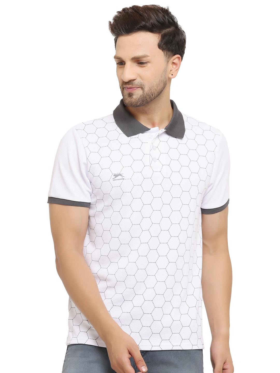 

Shiv Naresh Men Cotton Printed Polo Collar T-shirt, White