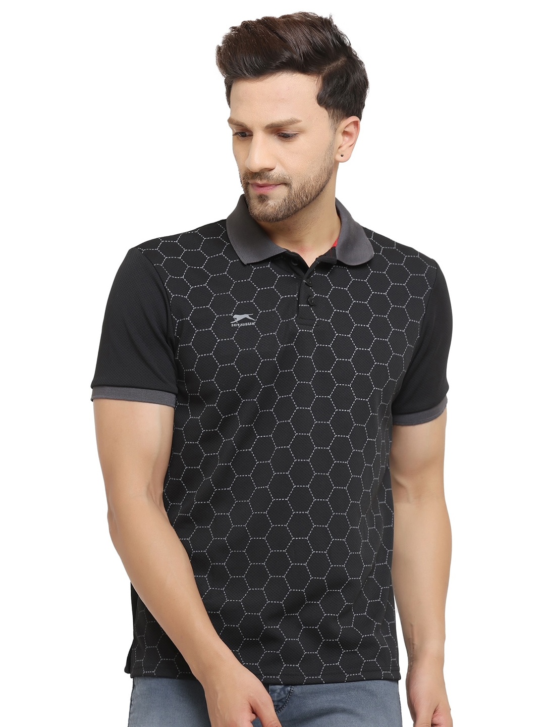 

Shiv Naresh Men Printed Polo Collar Cotton T-shirt, Black