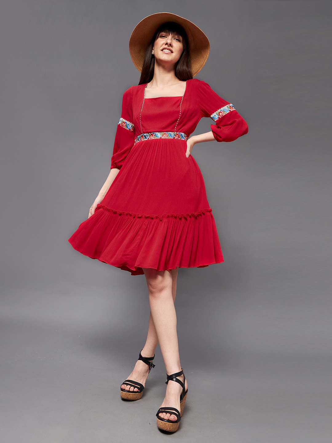 

Miss Chase Square Neck Puff Sleeves Fit & Flare Dress, Red