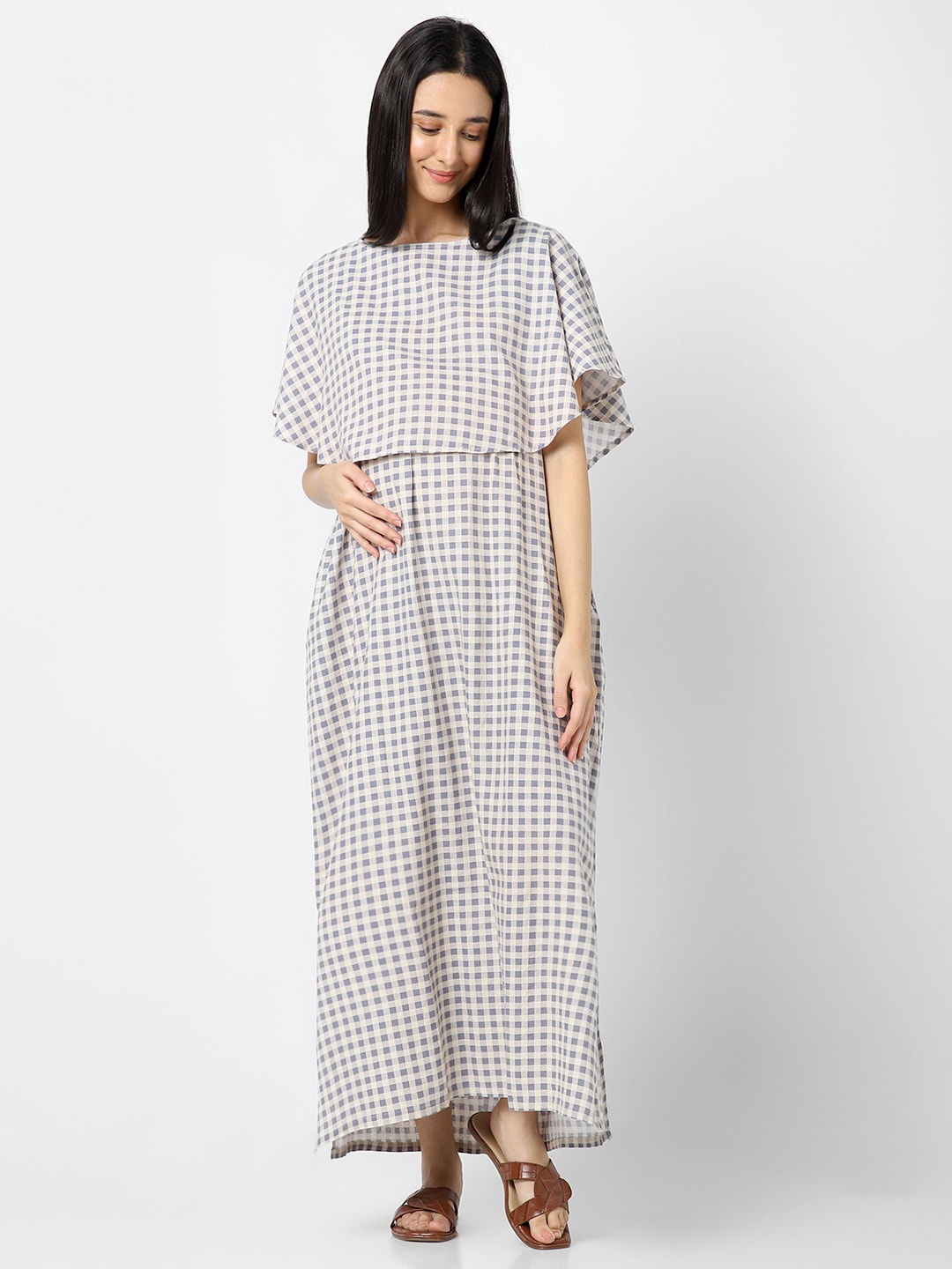 

Mystere Paris Checked Maternity Cotton Maxi Dress, Beige