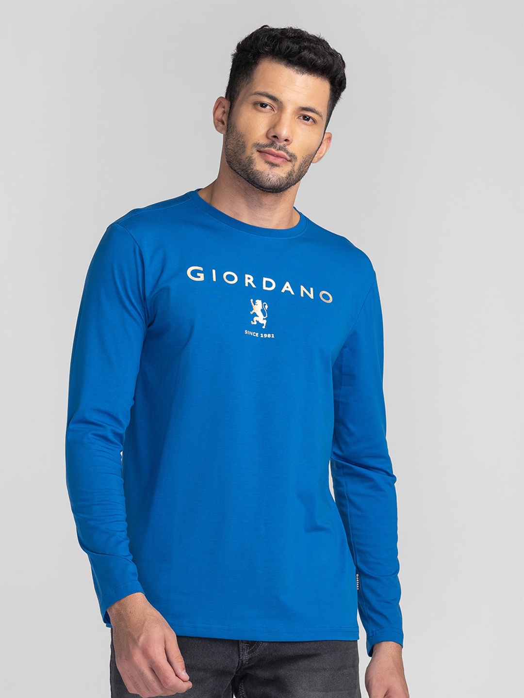 

GIORDANO Brand Logo Printed Bio Finish Slim Fit Cotton T-shirt, Blue