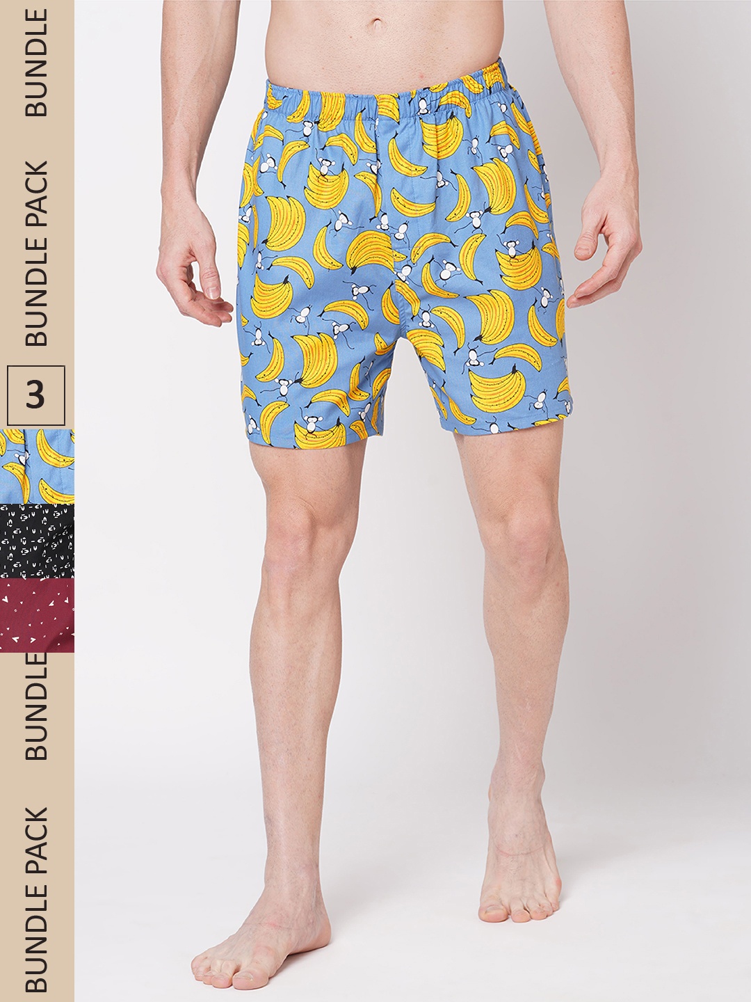 

FiTZ Men Pack Of 3 Printed Pure Cotton Boxers, Black