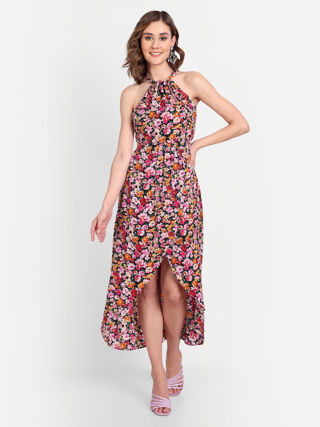

ESSQUE Floral Halter Neck Crepe A-Line Midi Dress, Pink