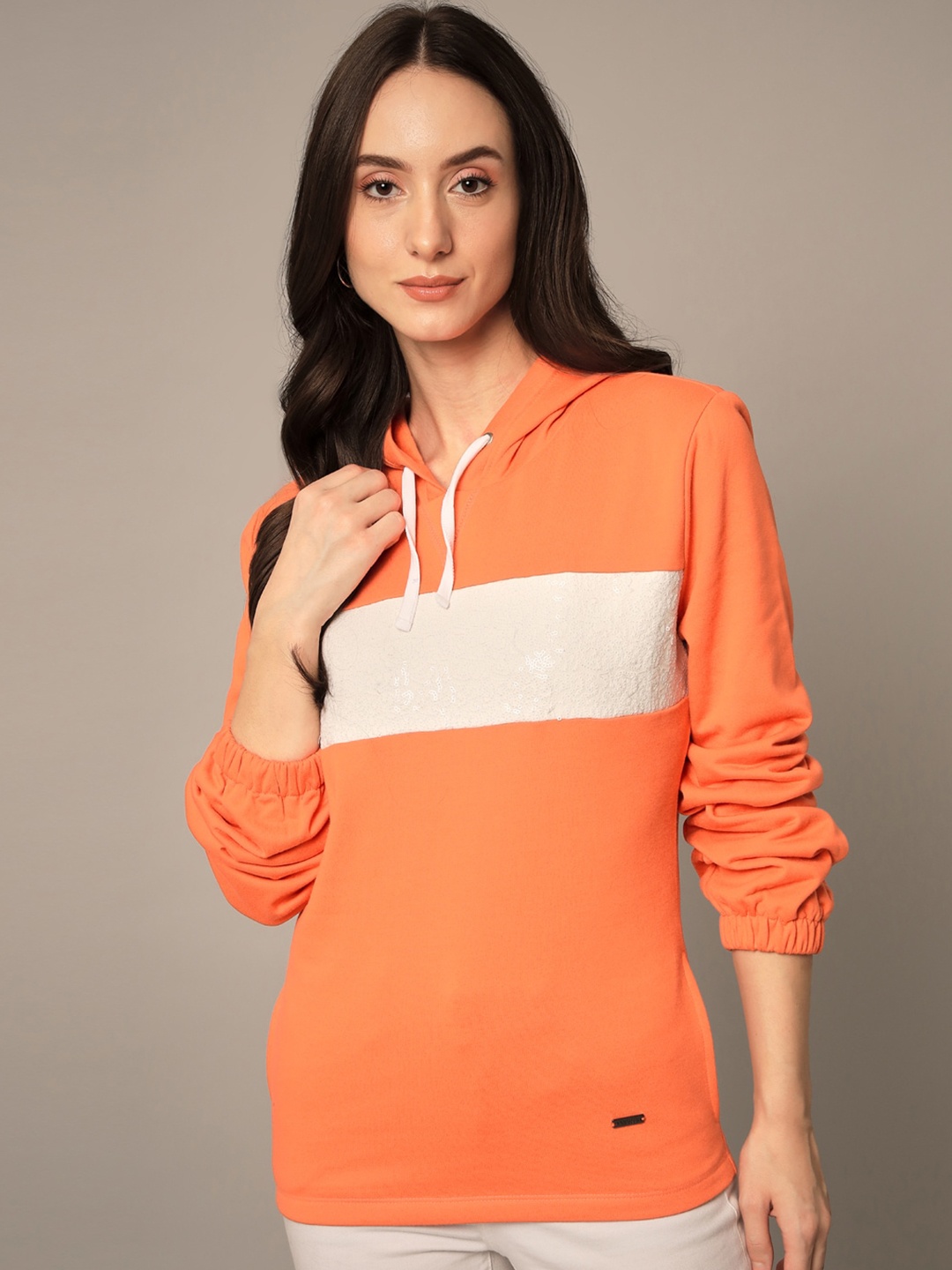 

Yaadleen Women Colourblocked Hooded Sweatshirt, Orange