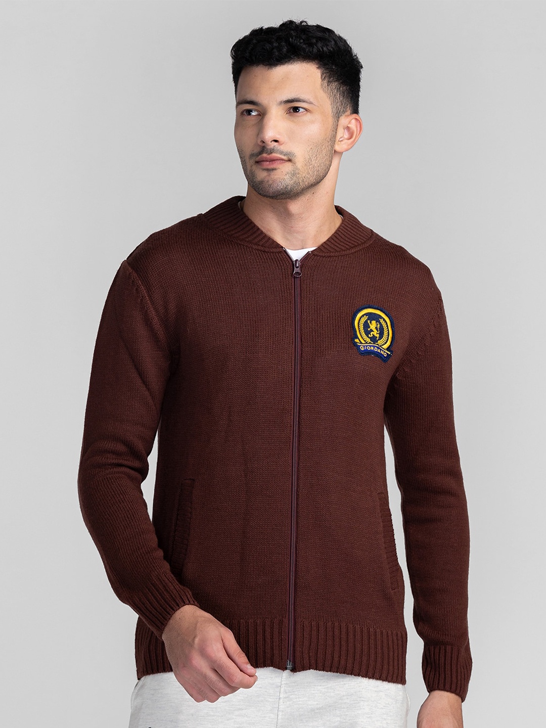 

GIORDANO Men Ribbed Cardigan, Brown