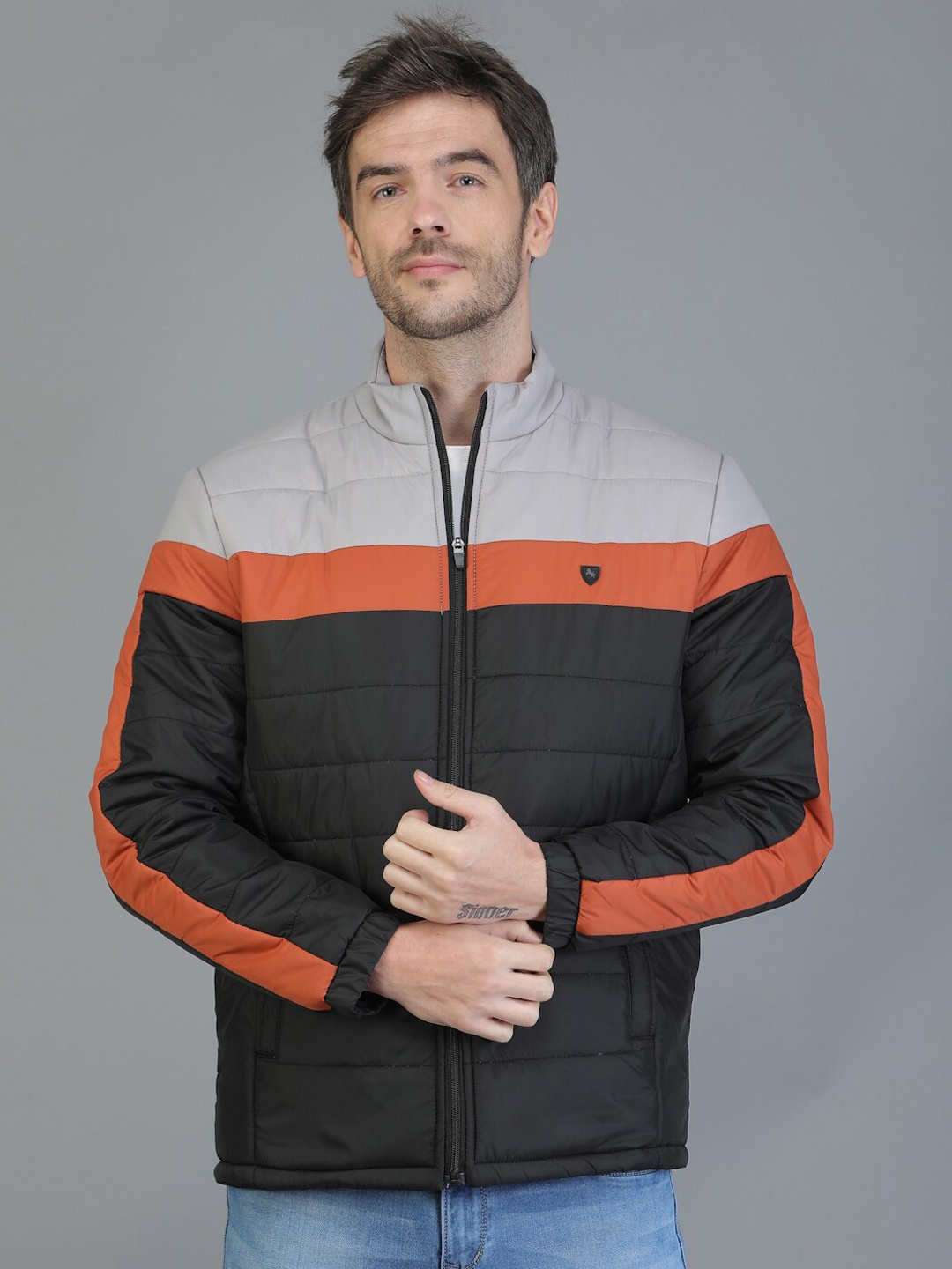 

TQS Men Rust Striped Windcheater and Water Resistant Longline Bomber Jacket