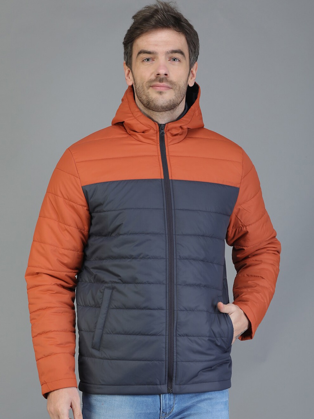 

TQS Men Colourblocked Windcheater and Water Resistant Puffer Jacket, Rust