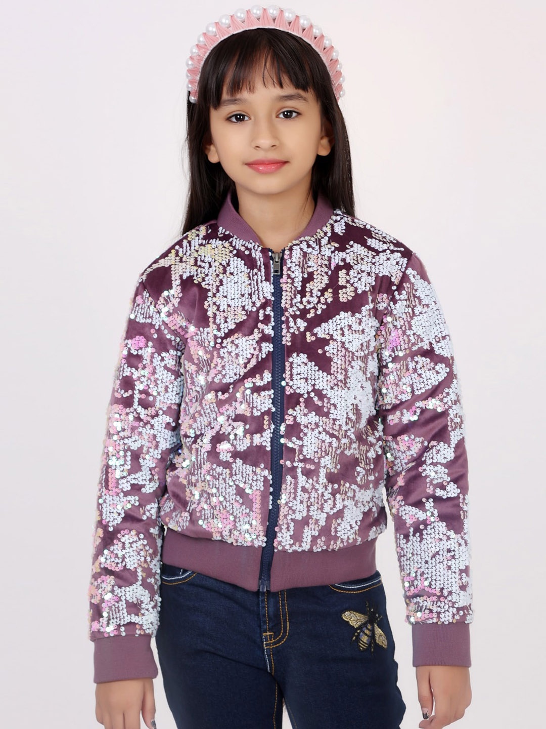 

One Friday Girls Mandarin Collar Bomber Jacket, Purple