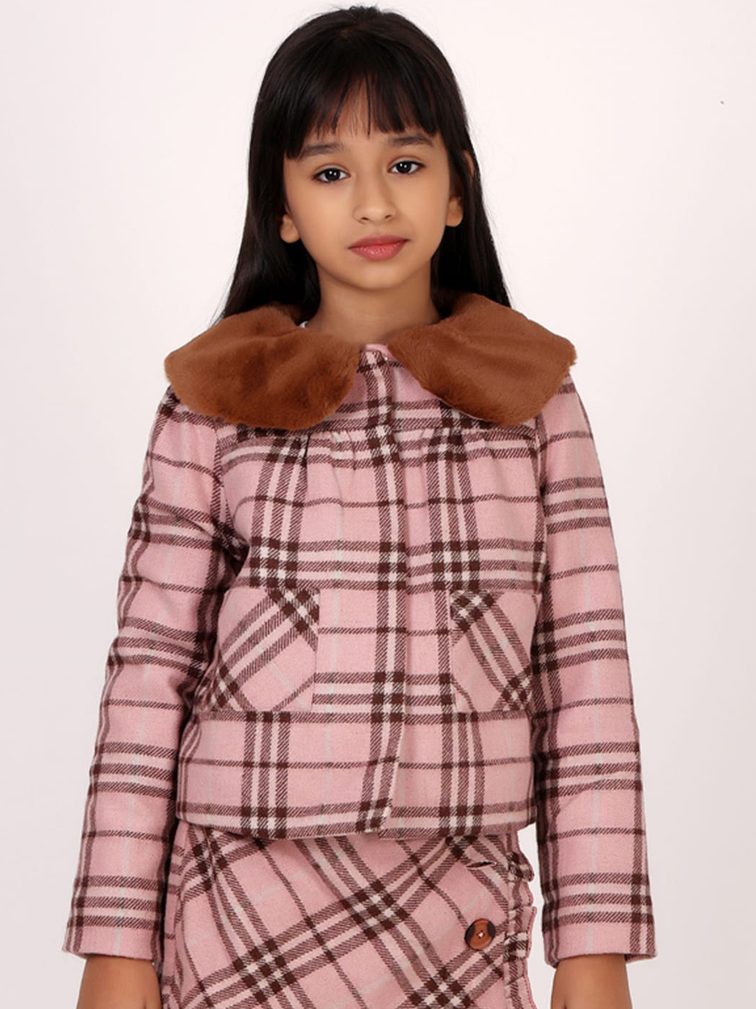 

One Friday Girls Checked Acrylic Tailored Jacket, Pink