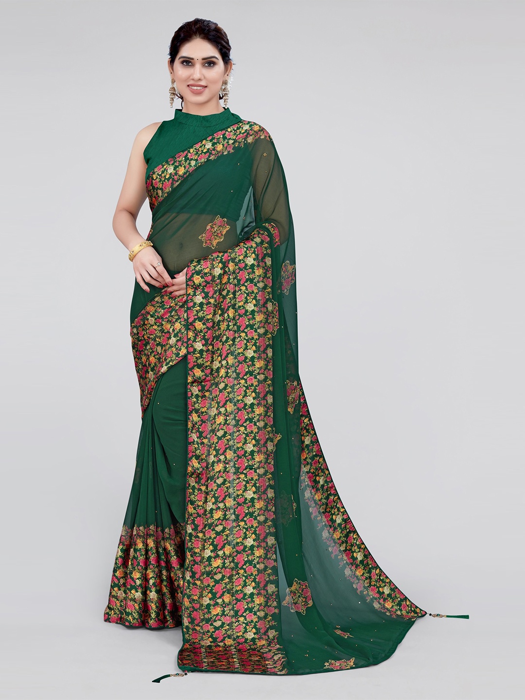 

MIRCHI FASHION Floral Beads and Stones Saree, Green