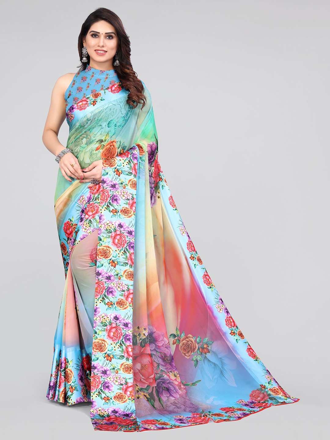 

MIRCHI FASHION Floral Saree, Turquoise blue