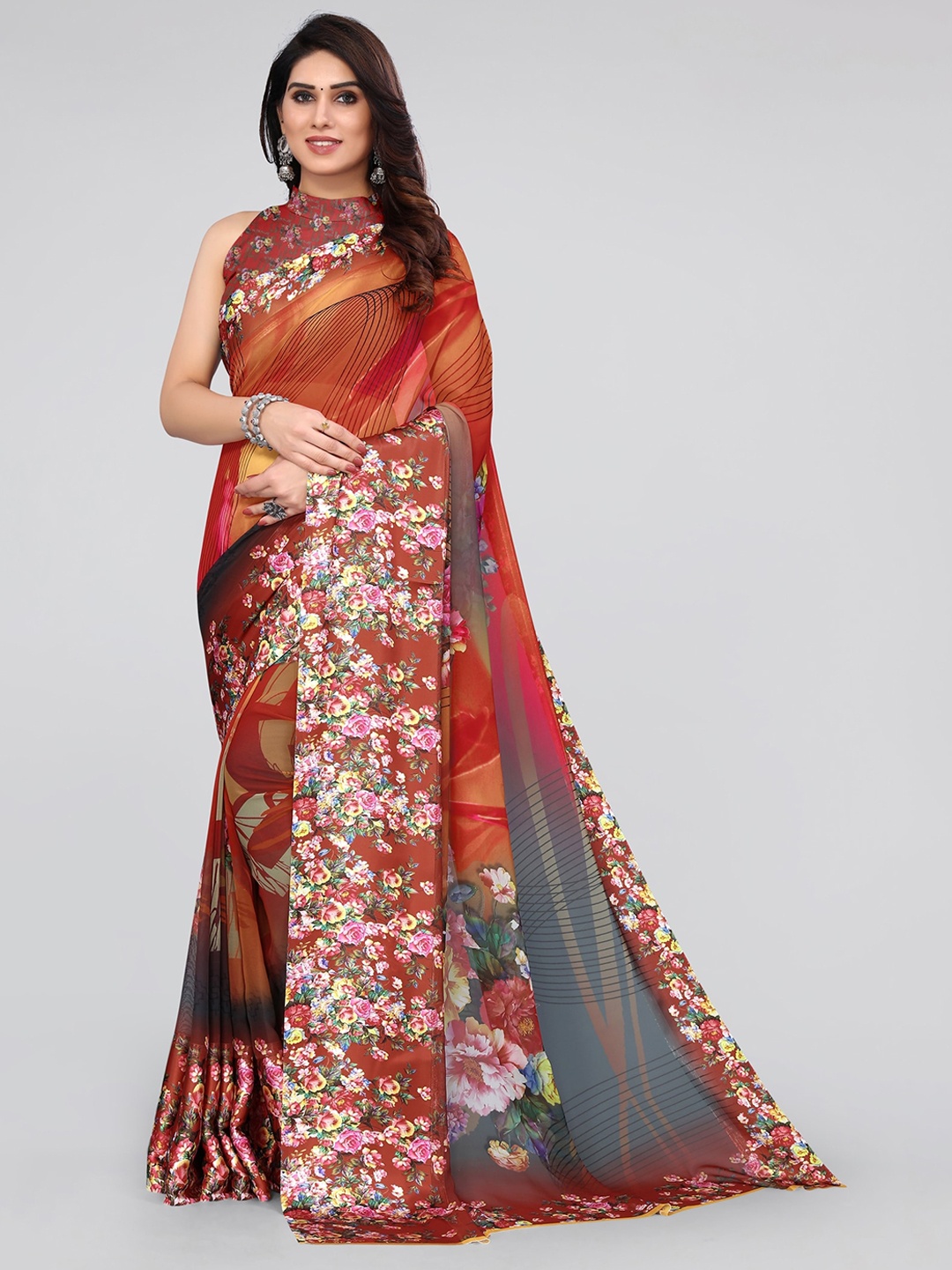 

MIRCHI FASHION Red & Rust Floral Saree