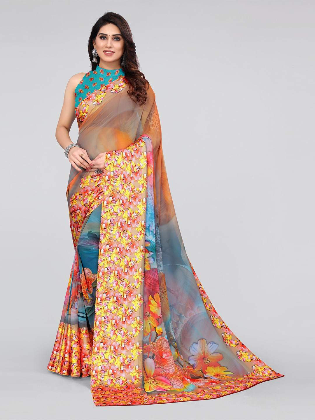 

MIRCHI FASHION Floral Saree, Turquoise blue