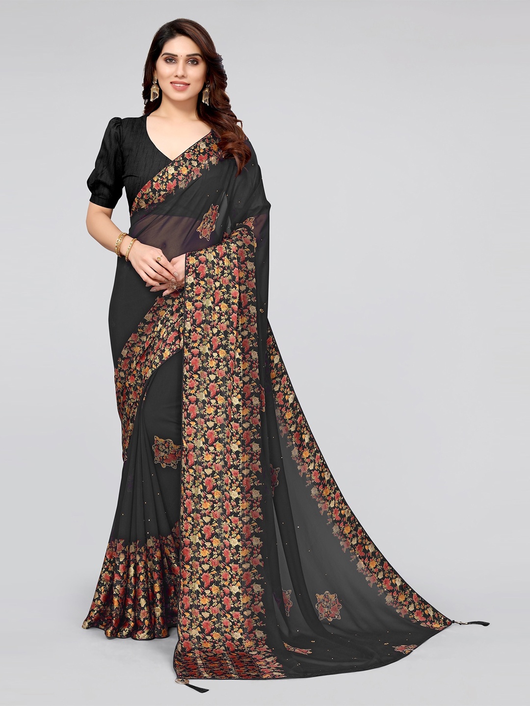 

MIRCHI FASHION Black & Yellow Floral Beads and Stones Saree