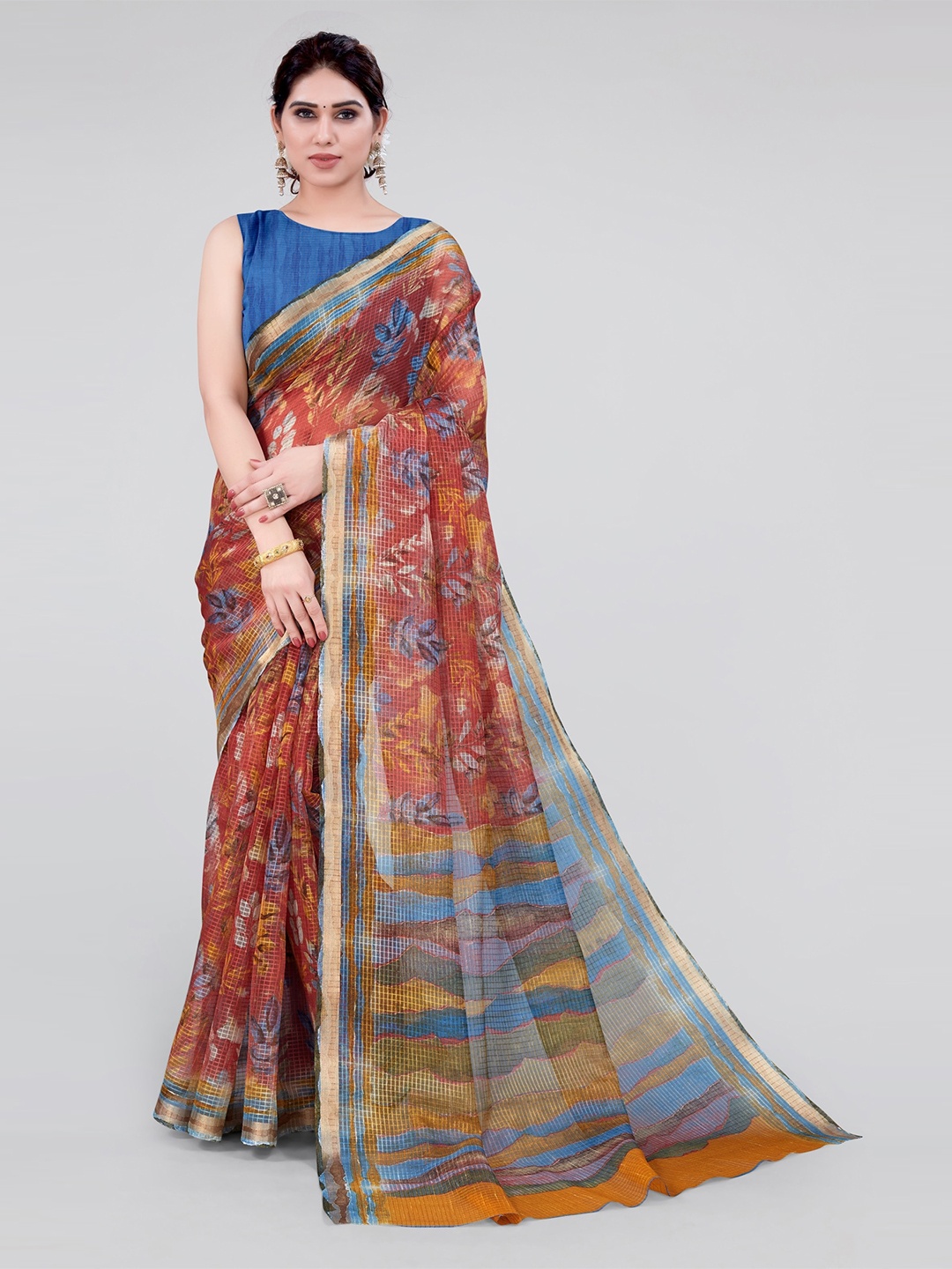 

KALINI Floral Zari Organza Saree, Coral