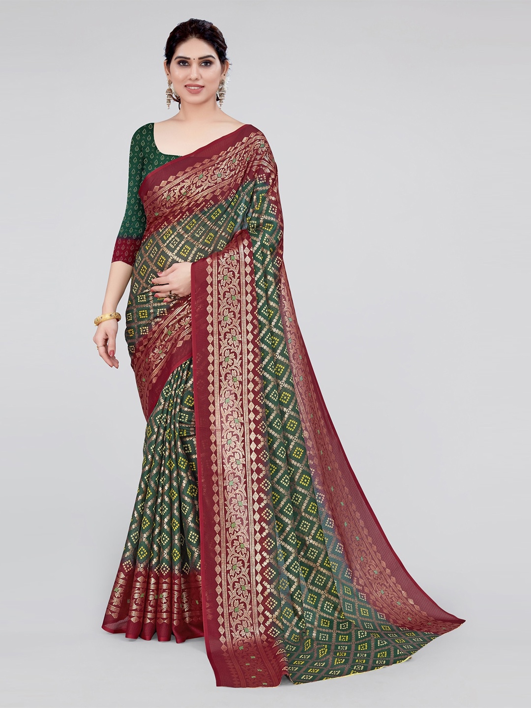

MIRCHI FASHION Bandhani Zari Organza Bandhani Saree, Green